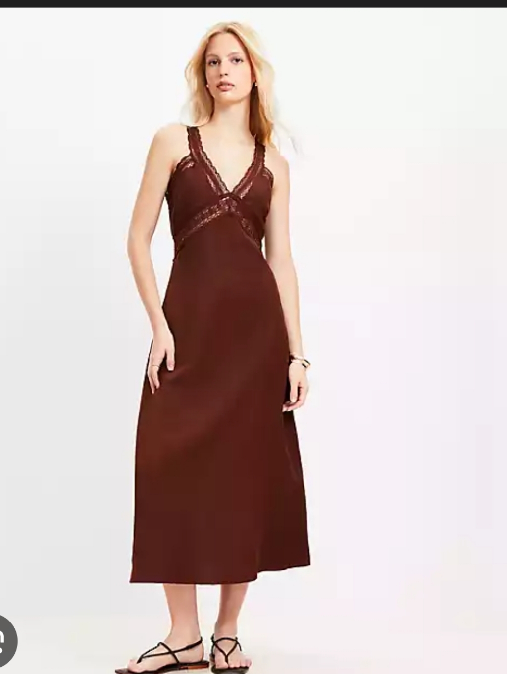 Loft Beautiful Brown Boho Costal Dress With Lace-Trim V-Neck Sz 14